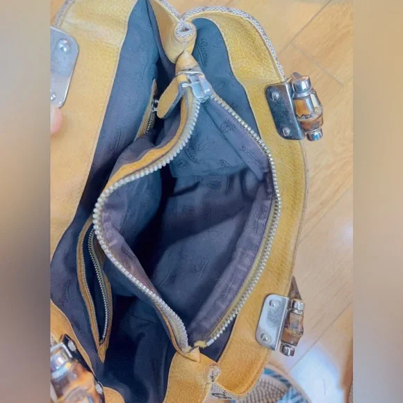 Gucci Bamboo Bar GG Monogram Canvas Shopper Tote Yellow Leather Braided Handles - Picture 8 of 14
